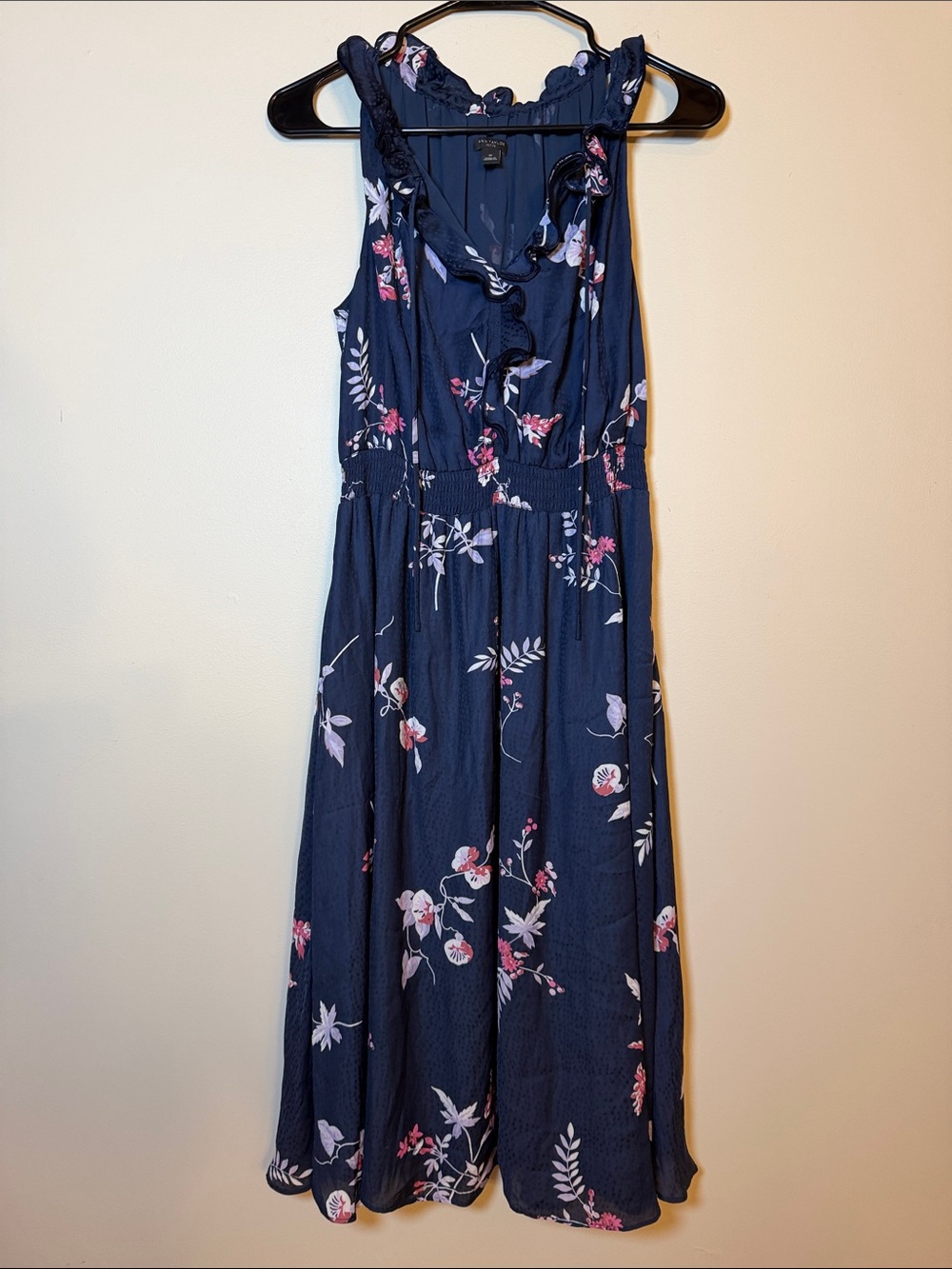 Ann Taylor Navy Floral Midi Dress with Pink and White Blossoms Petite Small